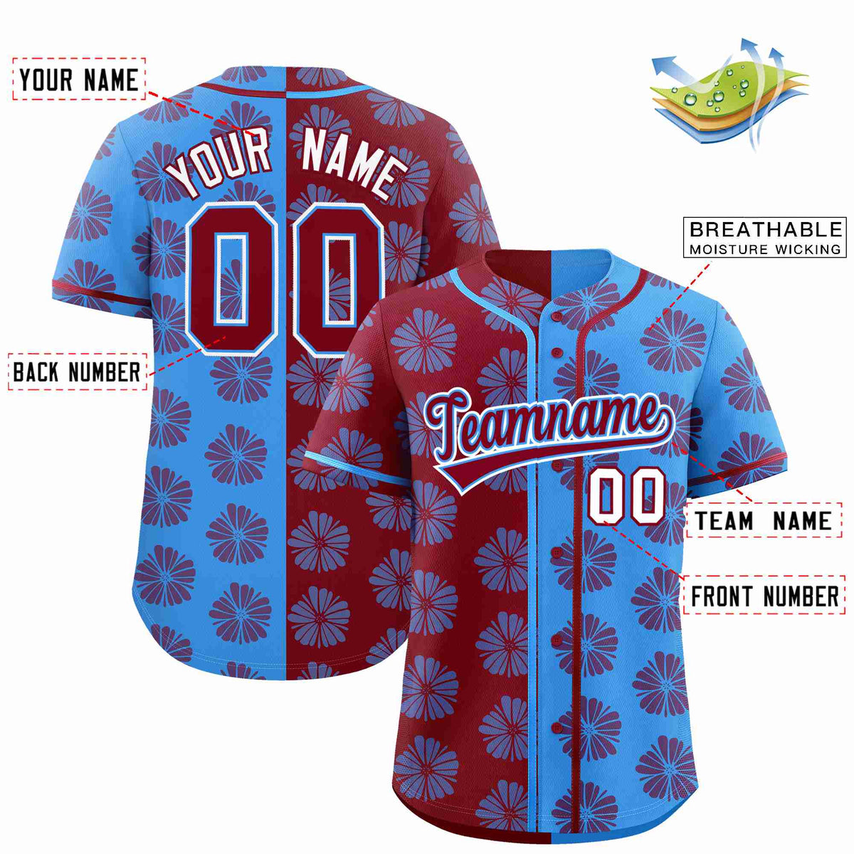Custom Crimson Powder Blue Split Fashion Flower Graffiti Pattern Authentic Baseball Jersey Limited