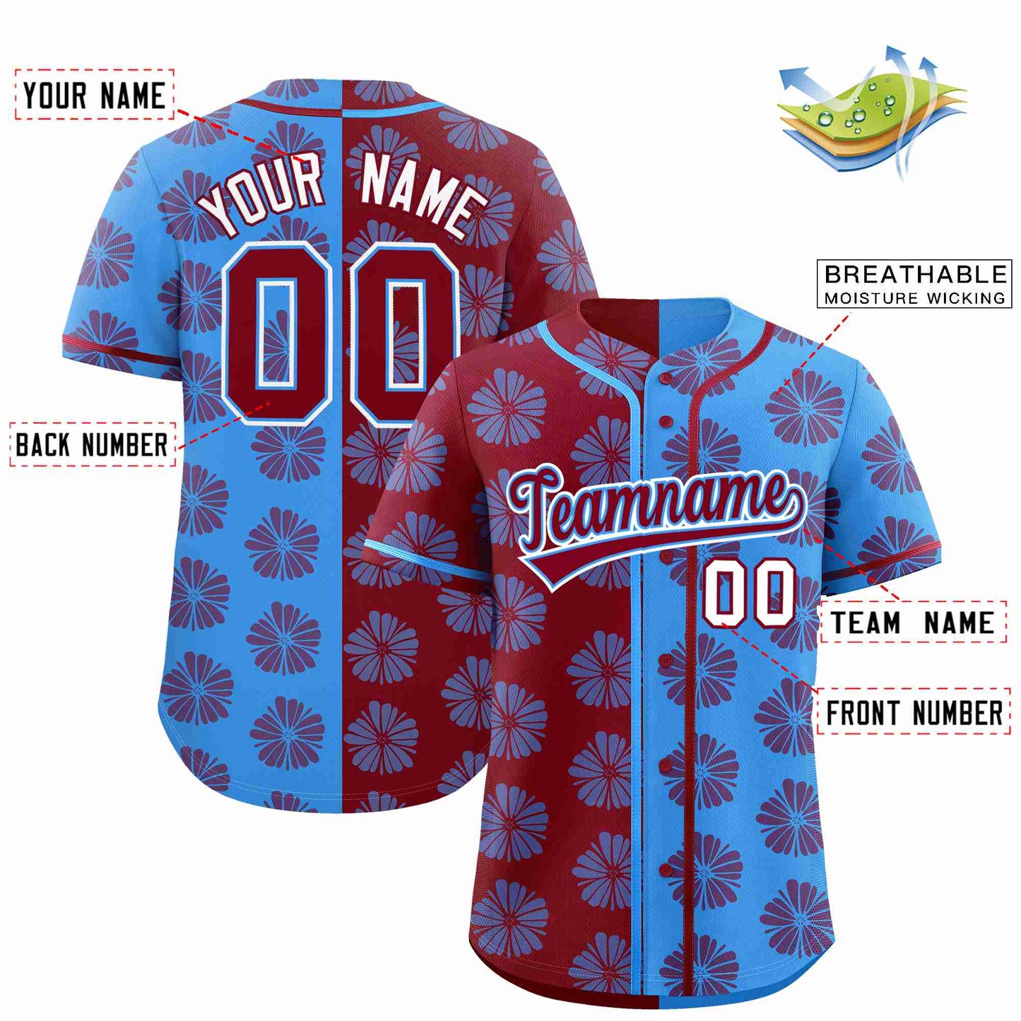 Custom Crimson Powder Blue Split Fashion Flower Graffiti Pattern Authentic Baseball Jersey Limited