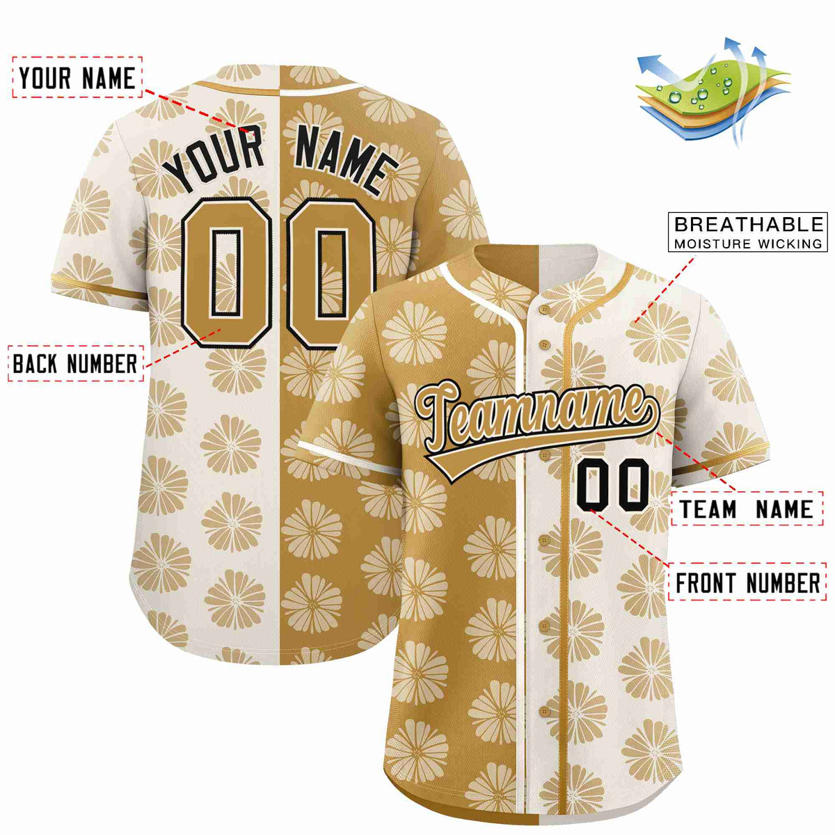 Custom Old Gold Cream Split Fashion Flower Graffiti Pattern Authentic Baseball Jersey Limited
