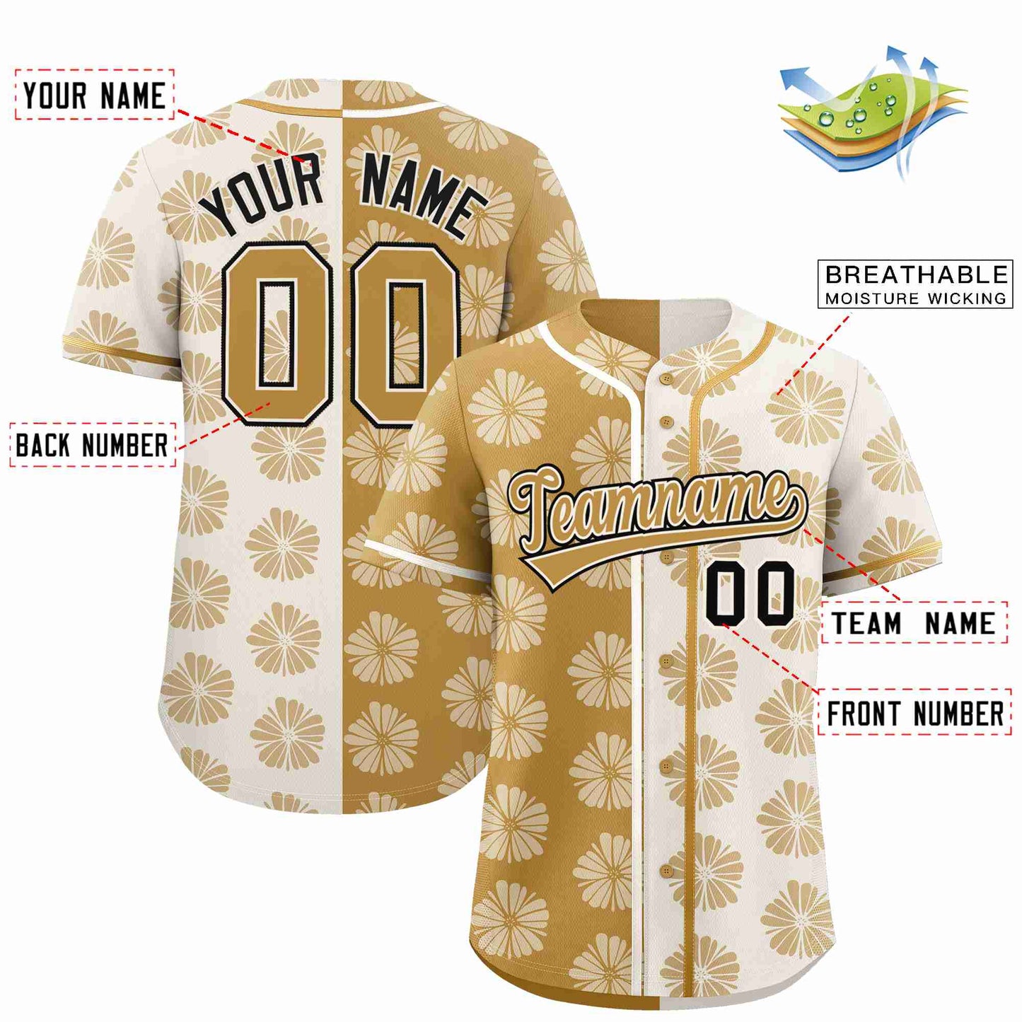 Custom Old Gold Cream Split Fashion Flower Graffiti Pattern Authentic Baseball Jersey Limited