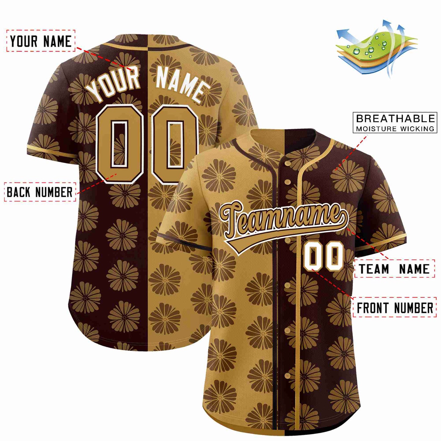 Custom Old Gold Brown Split Fashion Flower Graffiti Pattern Authentic Baseball Jersey Limited