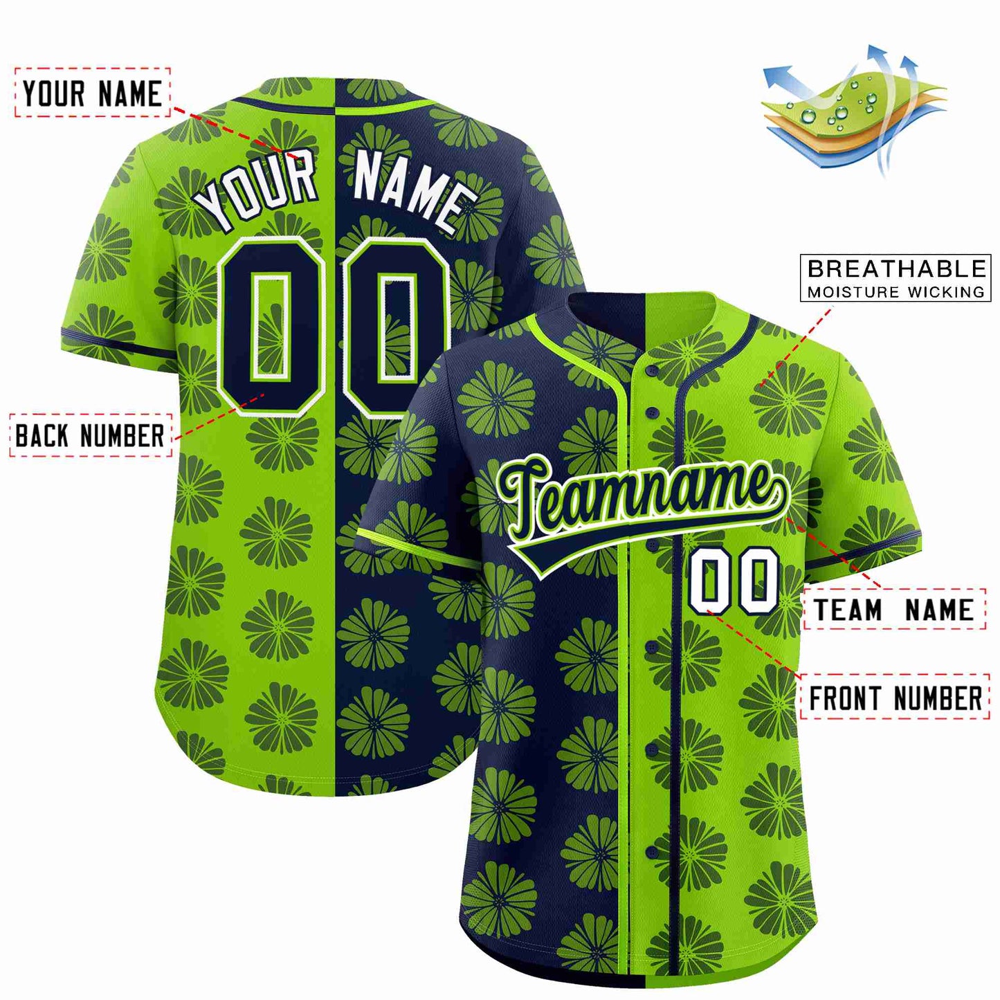 Custom Navy Neon Green Split Fashion Flower Graffiti Pattern Authentic Baseball Jersey Limited
