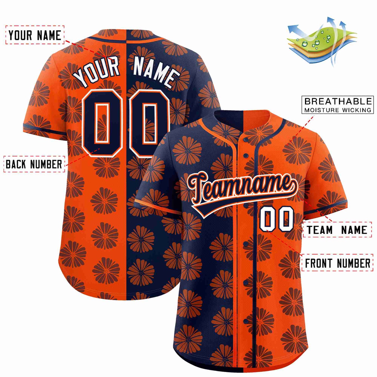 Custom Navy Orange Split Fashion Flower Graffiti Pattern Authentic Baseball Jersey Limited