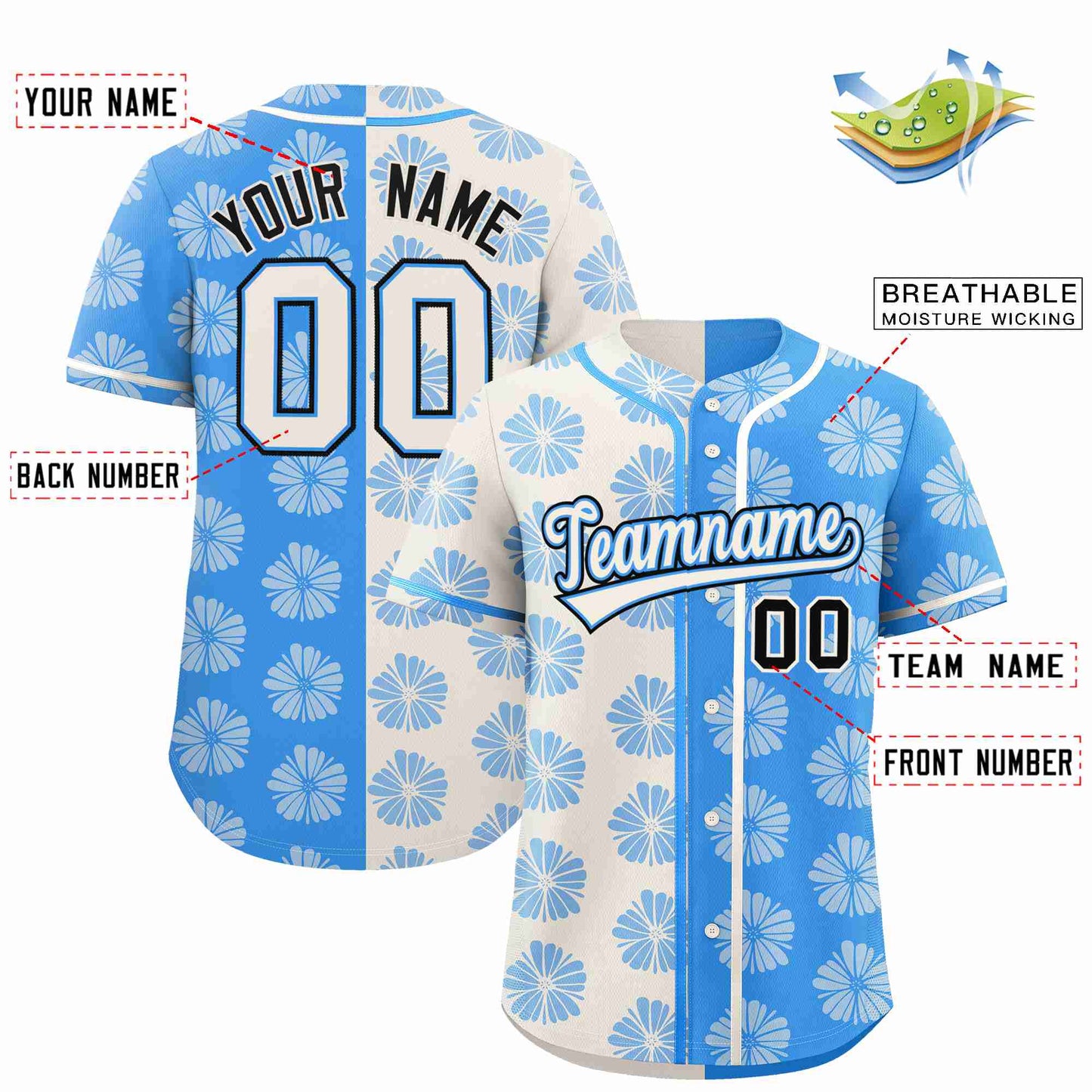 Custom Cream Powder Blue Split Fashion Flower Graffiti Pattern Authentic Baseball Jersey Limited