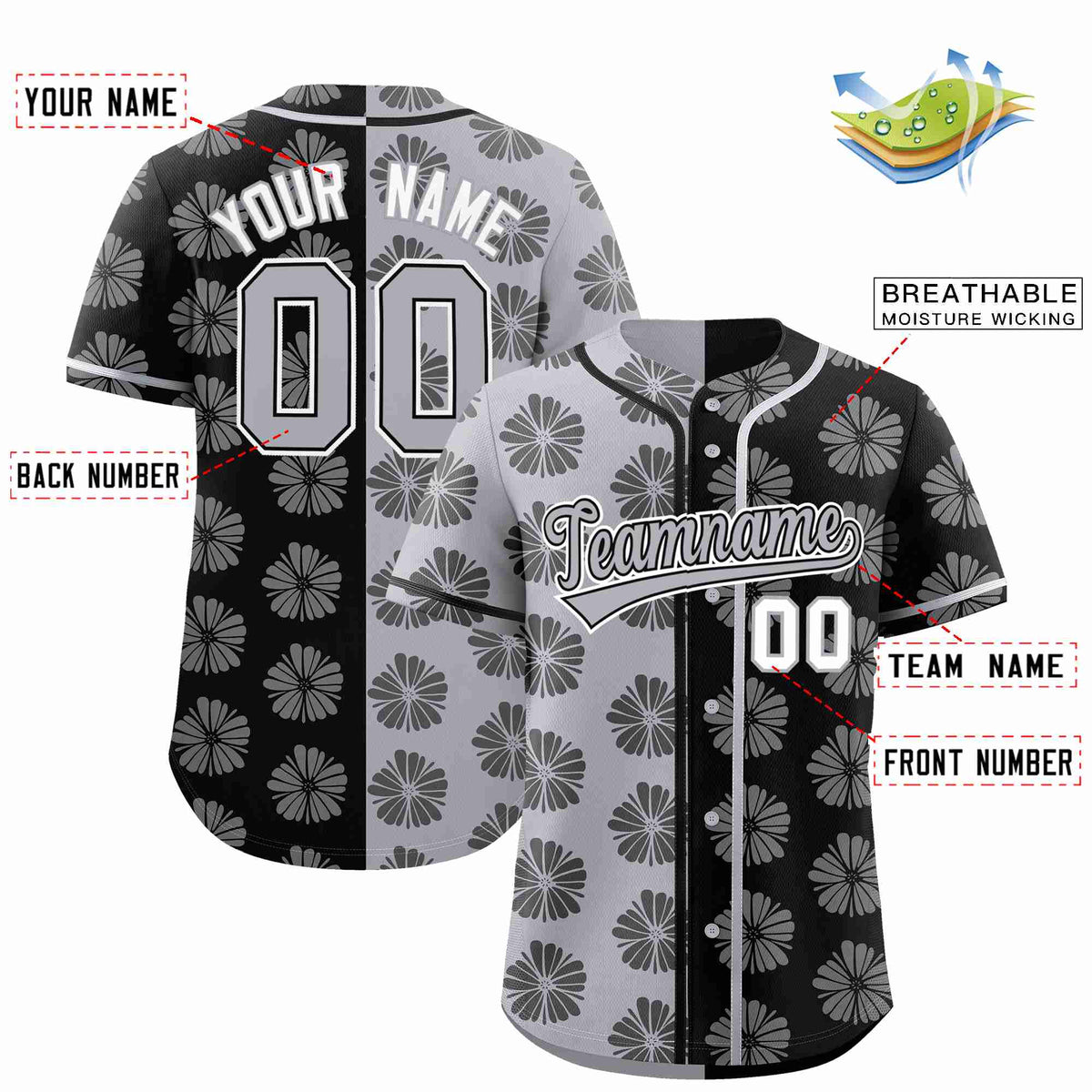 Custom Light Gray Black Split Fashion Flower Graffiti Pattern Authentic Baseball Jersey Limited