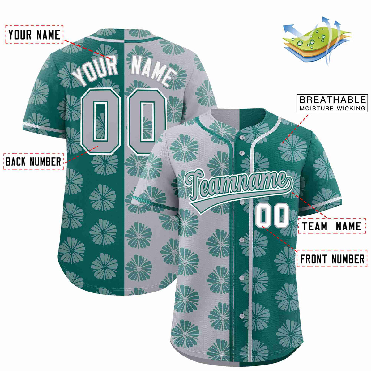 Custom Light Gray Aqua Split Fashion Flower Graffiti Pattern Authentic Baseball Jersey Limited