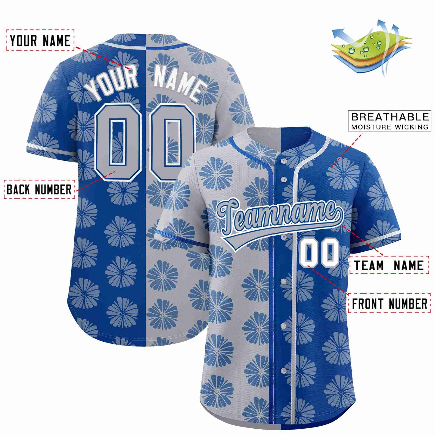 Custom Light Gray Royal Split Fashion Flower Graffiti Pattern Authentic Baseball Jersey Limited