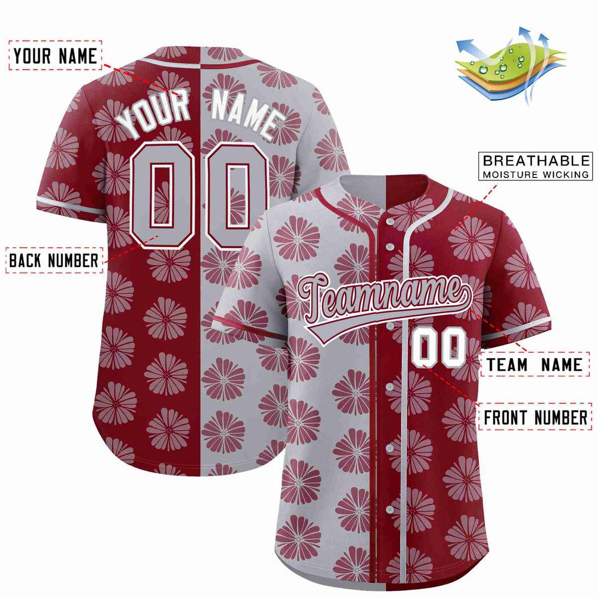Custom Light Gray Crimson Split Fashion Flower Graffiti Pattern Authentic Baseball Jersey Limited