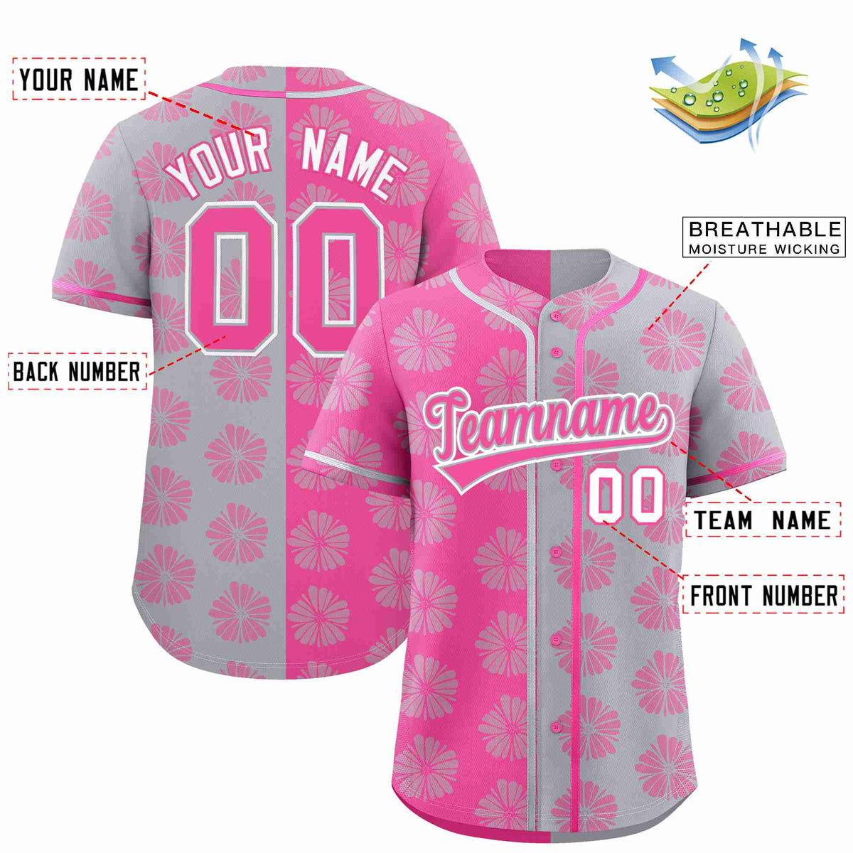 Custom Pink Light Gray Split Fashion Flower Graffiti Pattern Authentic Baseball Jersey Limited