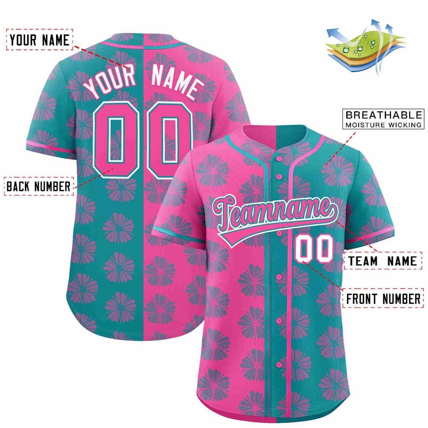 Custom Pink Aqua Split Fashion Flower Graffiti Pattern Authentic Baseball Jersey Limited