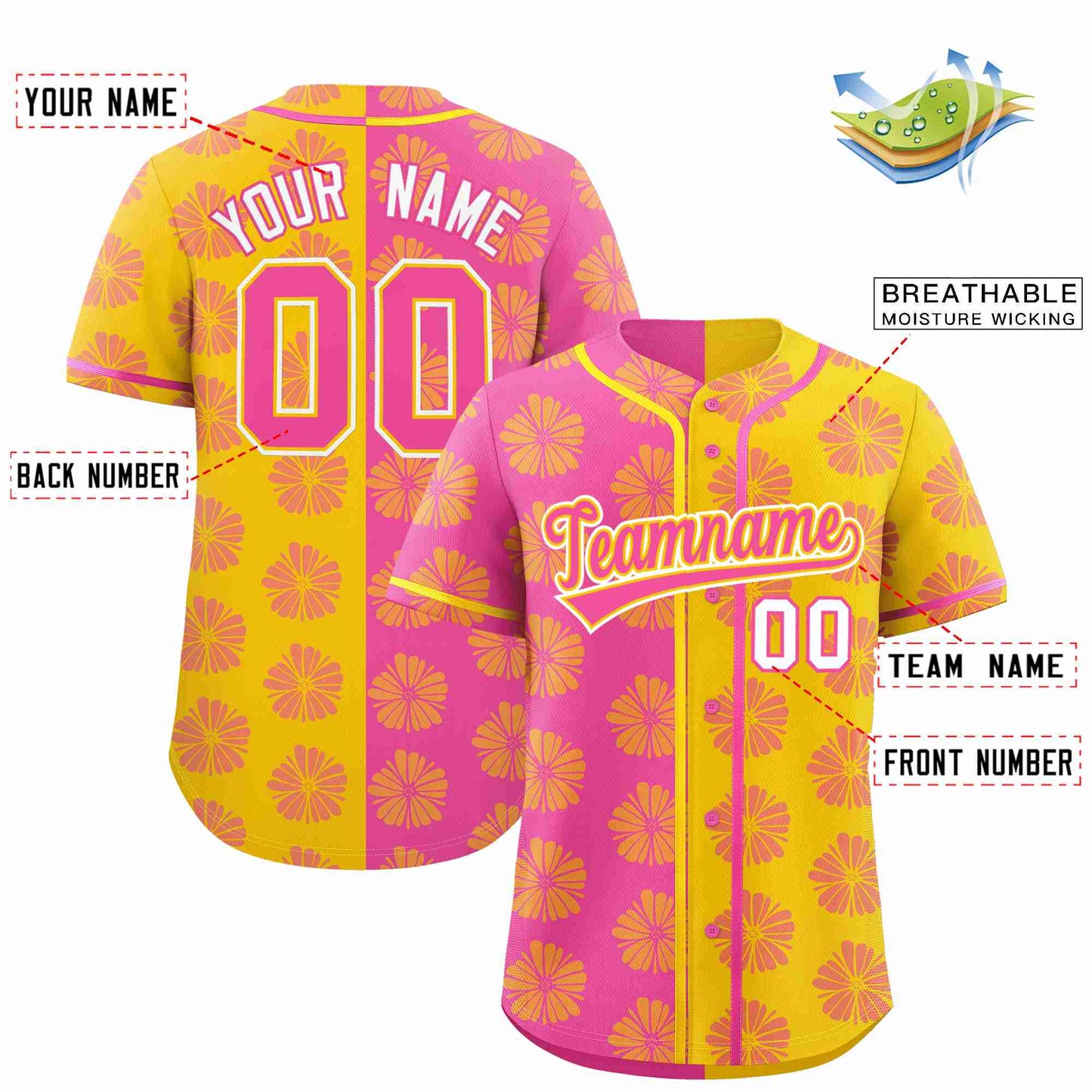 Custom Pink Gold Split Fashion Flower Graffiti Pattern Authentic Baseball Jersey Limited