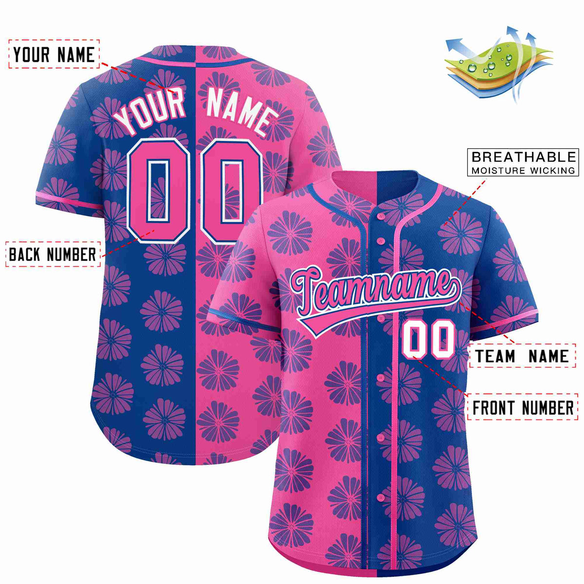 Custom Pink Royal Split Fashion Flower Graffiti Pattern Authentic Baseball Jersey Limited