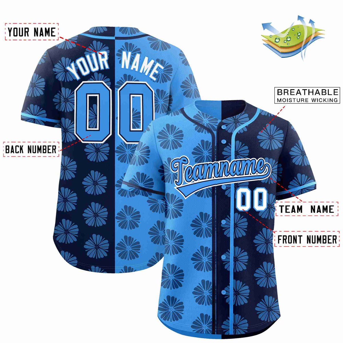 Custom Powder Blue Navy Split Fashion Flower Graffiti Pattern Authentic Baseball Jersey Limited