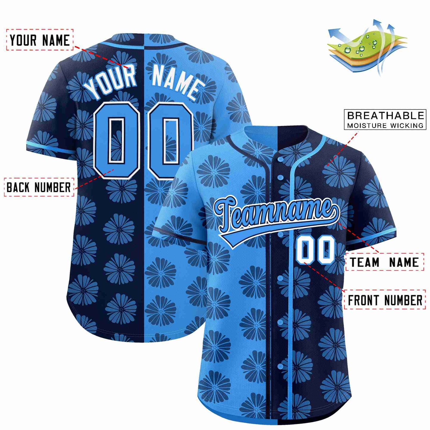 Custom Powder Blue Navy Split Fashion Flower Graffiti Pattern Authentic Baseball Jersey Limited
