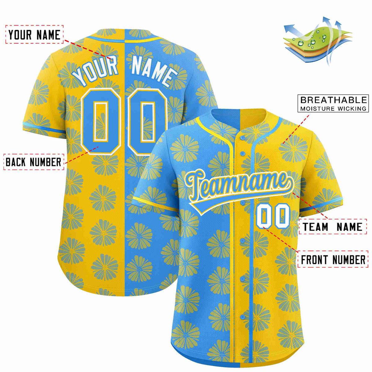 Custom Powder Blue Gold Split Fashion Flower Graffiti Pattern Authentic Baseball Jersey Limited
