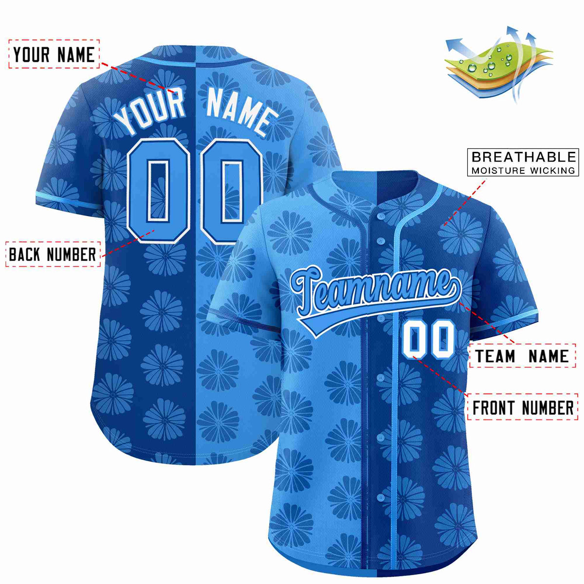 Custom Powder Blue Royal Split Fashion Flower Graffiti Pattern Authentic Baseball Jersey Limited