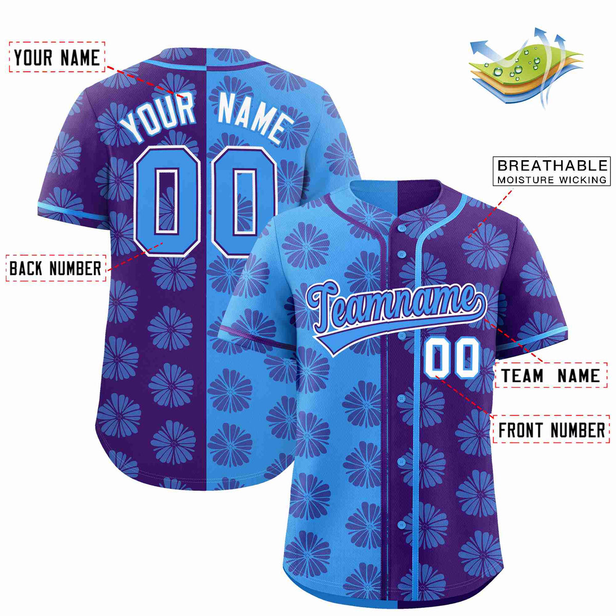 Custom Powder Blue Purple Split Fashion Flower Graffiti Pattern Authentic Baseball Jersey Limited