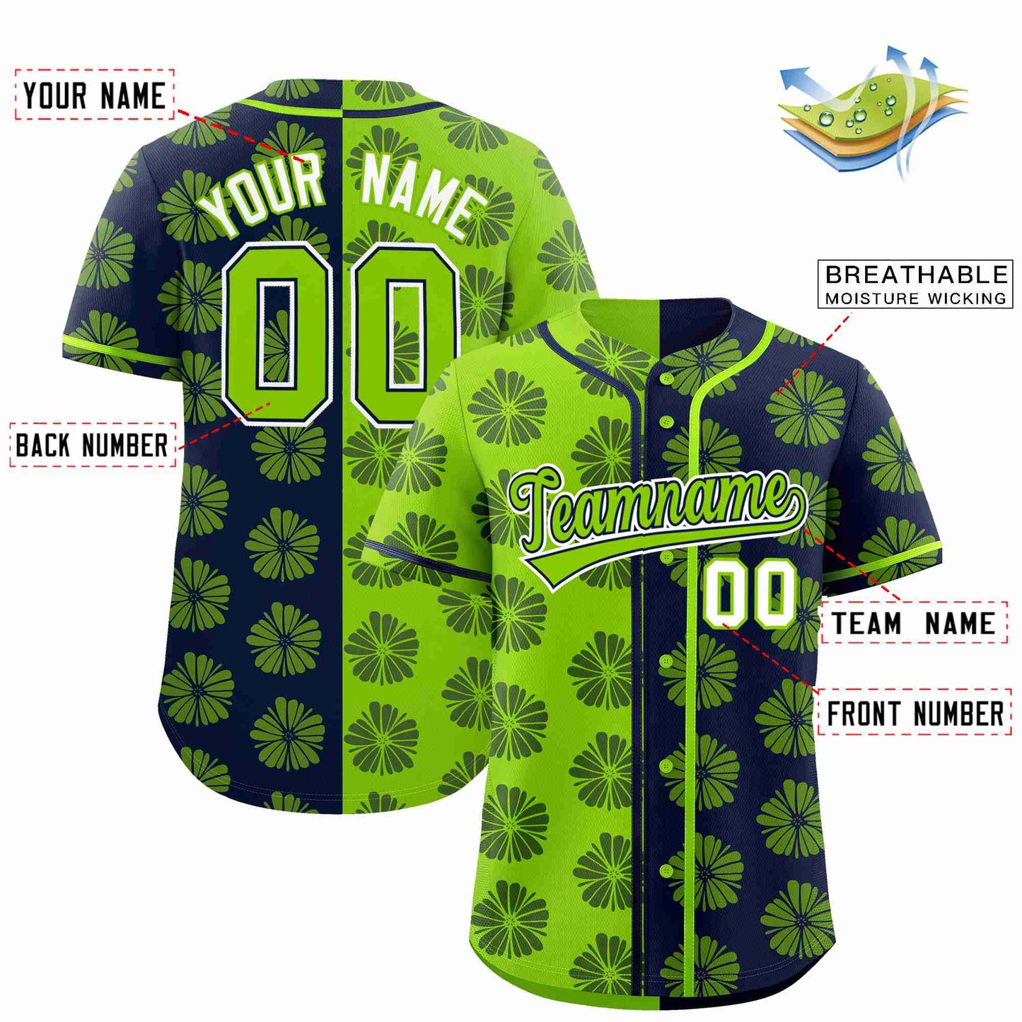Custom Neon Green Navy Split Fashion Flower Graffiti Pattern Authentic Baseball Jersey Limited
