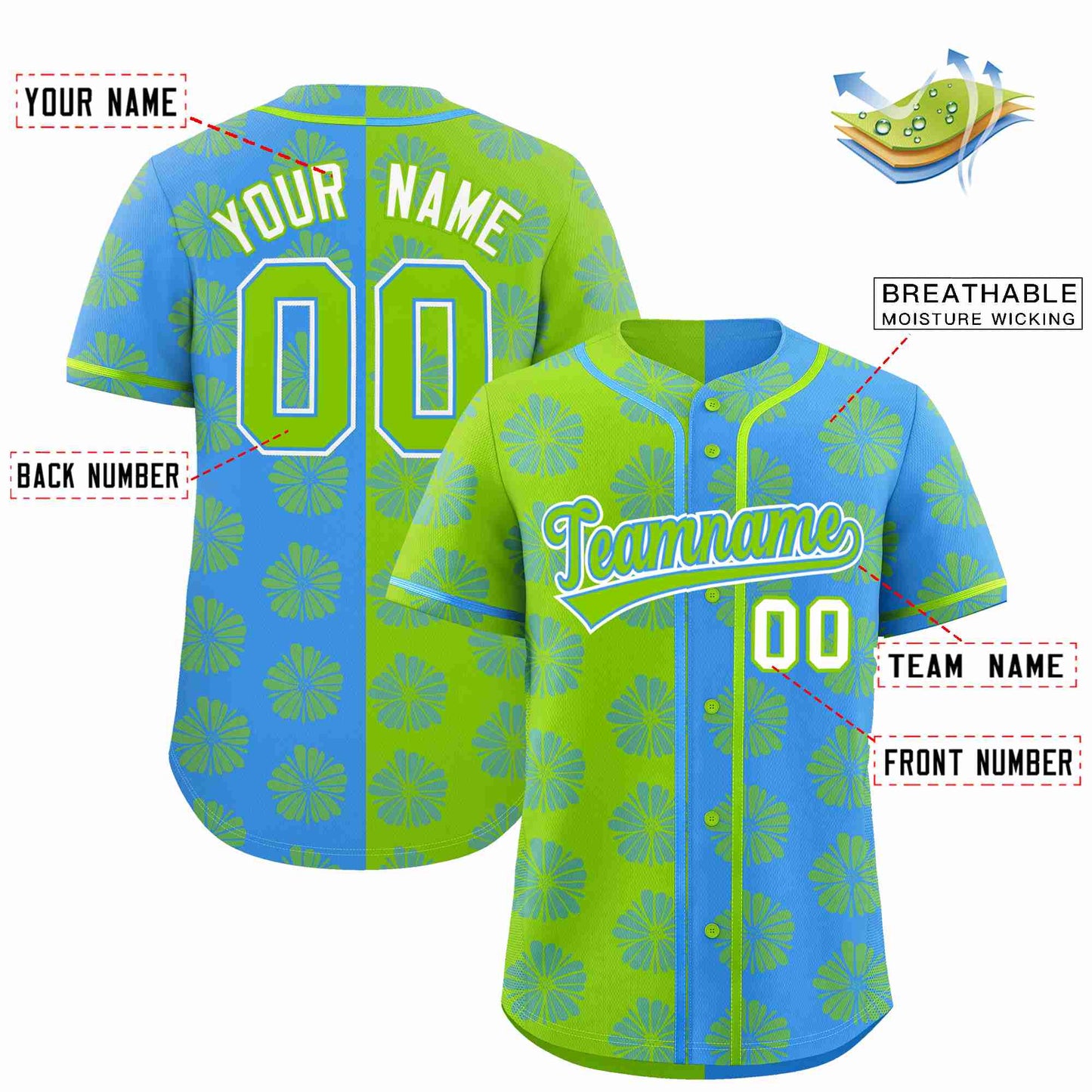 Custom Neon Green Powder Blue Split Fashion Flower Graffiti Pattern Authentic Baseball Jersey Limited