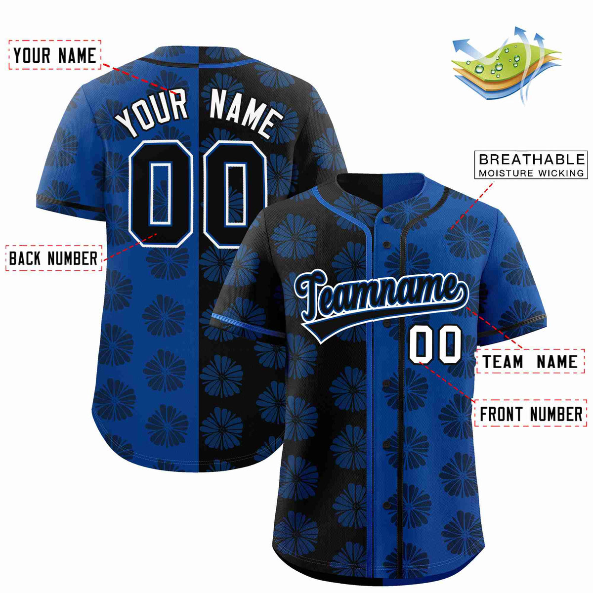 Custom Black Royal Split Fashion Flower Graffiti Pattern Authentic Baseball Jersey Limited