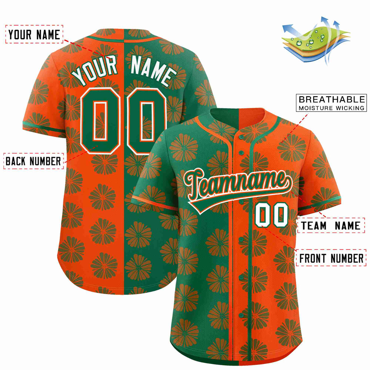 Custom Kelly Green Orange Split Fashion Flower Graffiti Pattern Authentic Baseball Jersey Limited