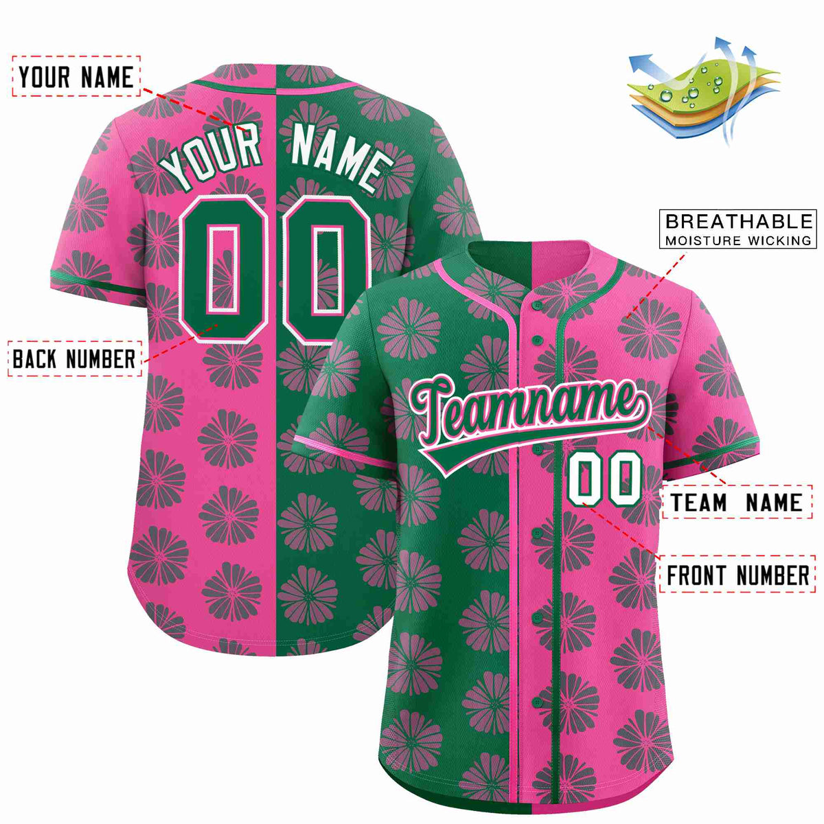 Custom Kelly Green Pink Split Fashion Flower Graffiti Pattern Authentic Baseball Jersey Limited