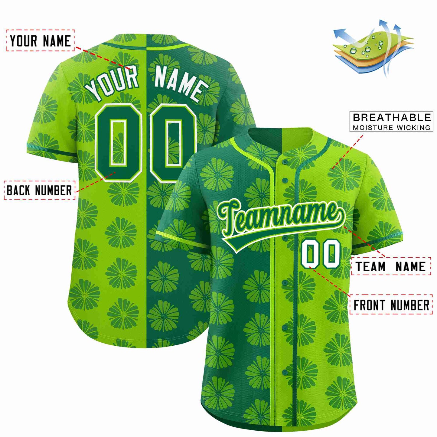 Custom Kelly Green Neon Green Split Fashion Flower Graffiti Pattern Authentic Baseball Jersey Limited