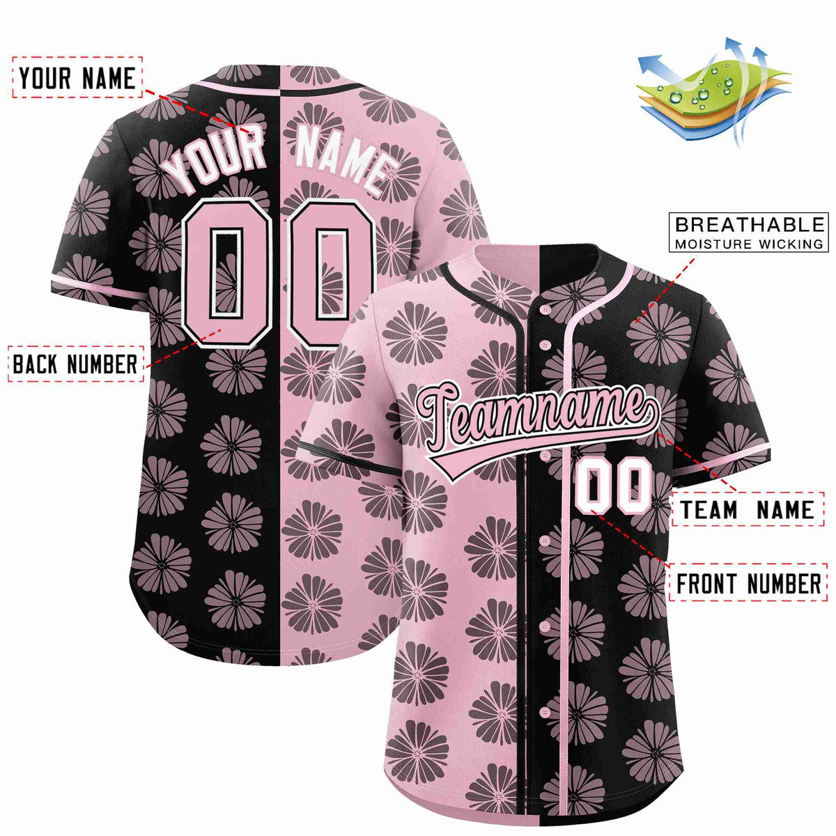 Custom Light Pink Black Split Fashion Flower Graffiti Pattern Authentic Baseball Jersey Limited