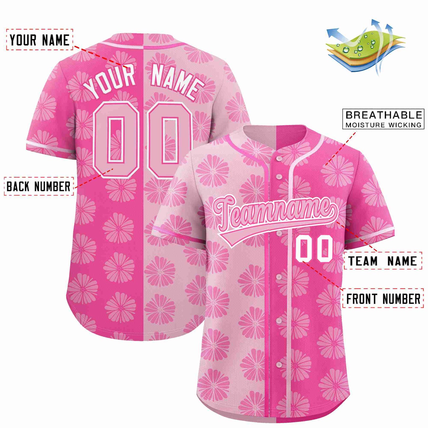 Custom Light Pink Pink Split Fashion Flower Graffiti Pattern Authentic Baseball Jersey Limited