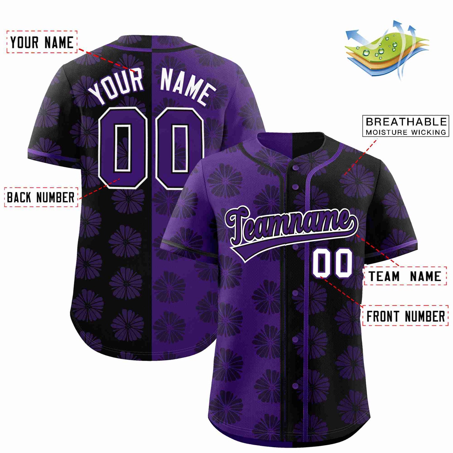 Custom Purple Black Split Fashion Flower Graffiti Pattern Authentic Baseball Jersey Limited