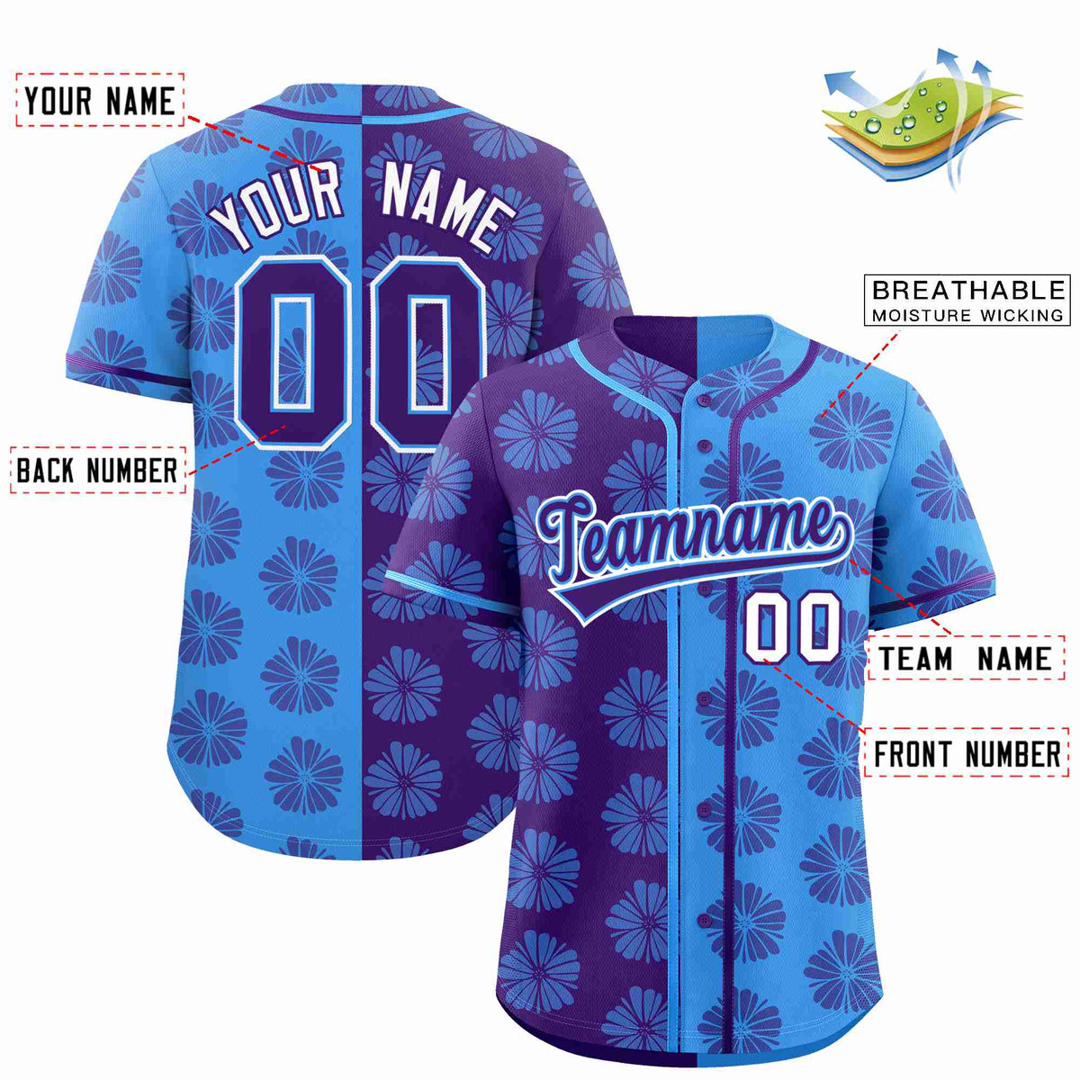 Custom Purple Powder Blue Split Fashion Flower Graffiti Pattern Authentic Baseball Jersey Limited