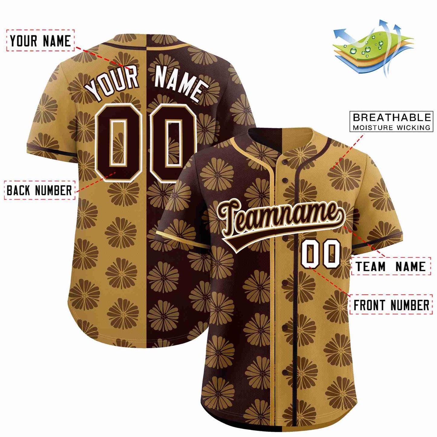 Custom Brown Old Gold Split Fashion Flower Graffiti Pattern Authentic Baseball Jersey Limited