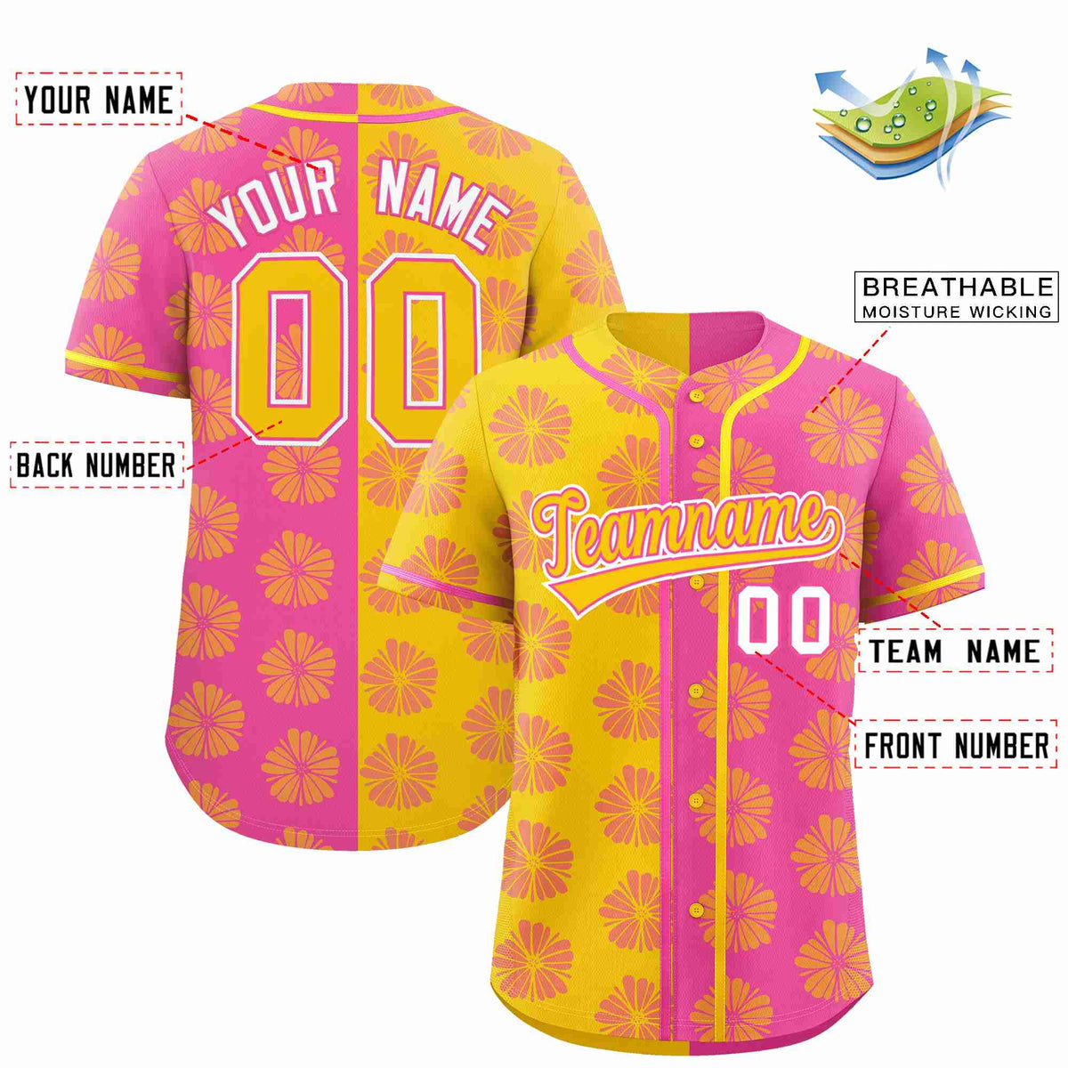 Custom Gold Pink Split Fashion Flower Graffiti Pattern Authentic Baseball Jersey Limited