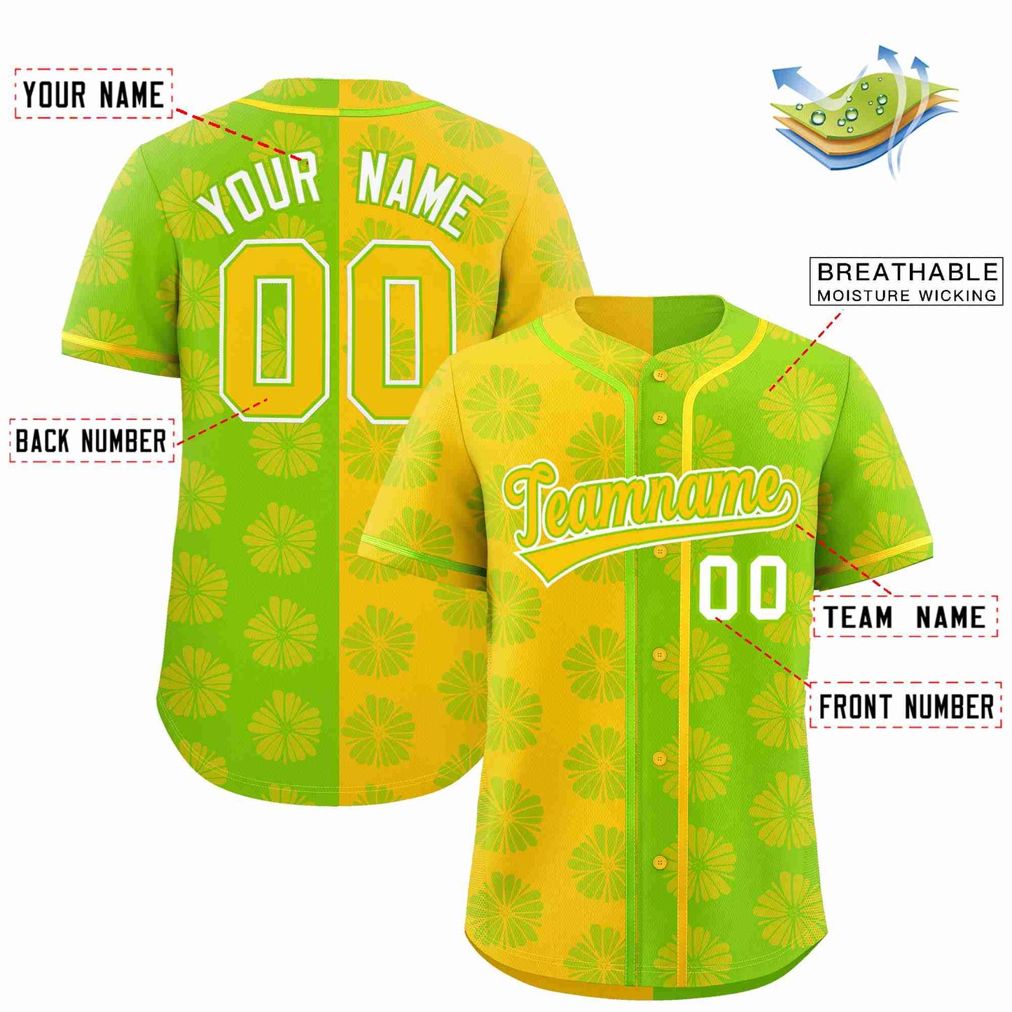 Custom Gold Neon Green Split Fashion Flower Graffiti Pattern Authentic Baseball Jersey Limited