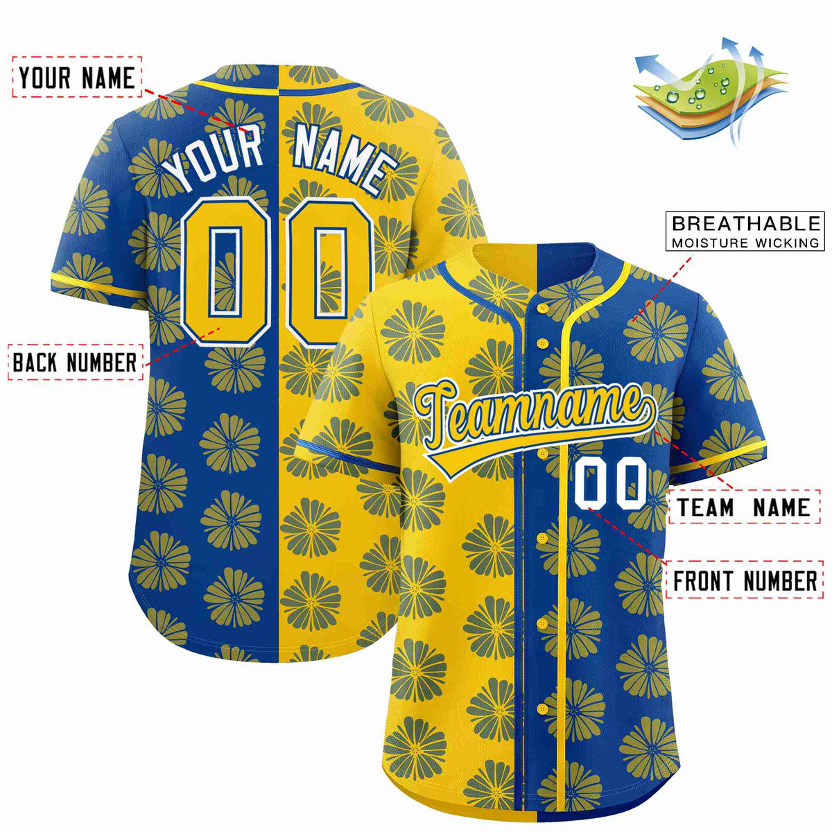 Custom Gold Royal Split Fashion Flower Graffiti Pattern Authentic Baseball Jersey Limited