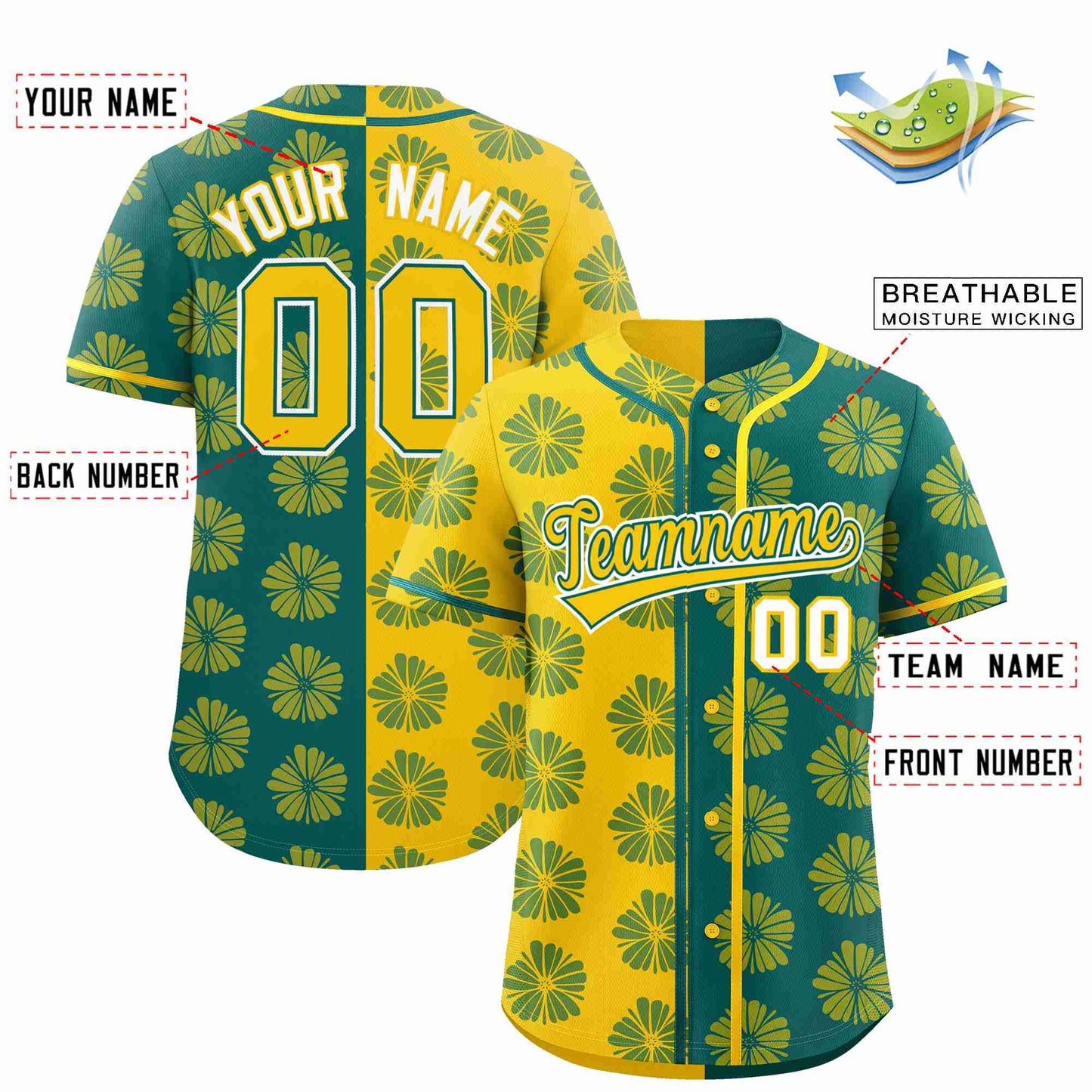 Custom Gold Aqua Split Fashion Flower Graffiti Pattern Authentic Baseball Jersey Limited