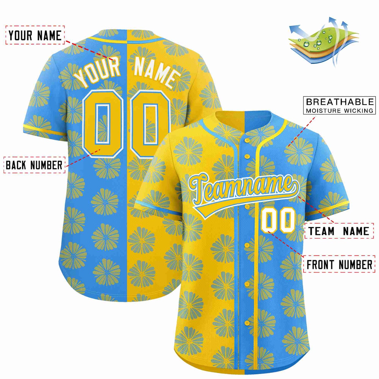 Custom Gold Powder Blue Split Fashion Flower Graffiti Pattern Authentic Baseball Jersey Limited