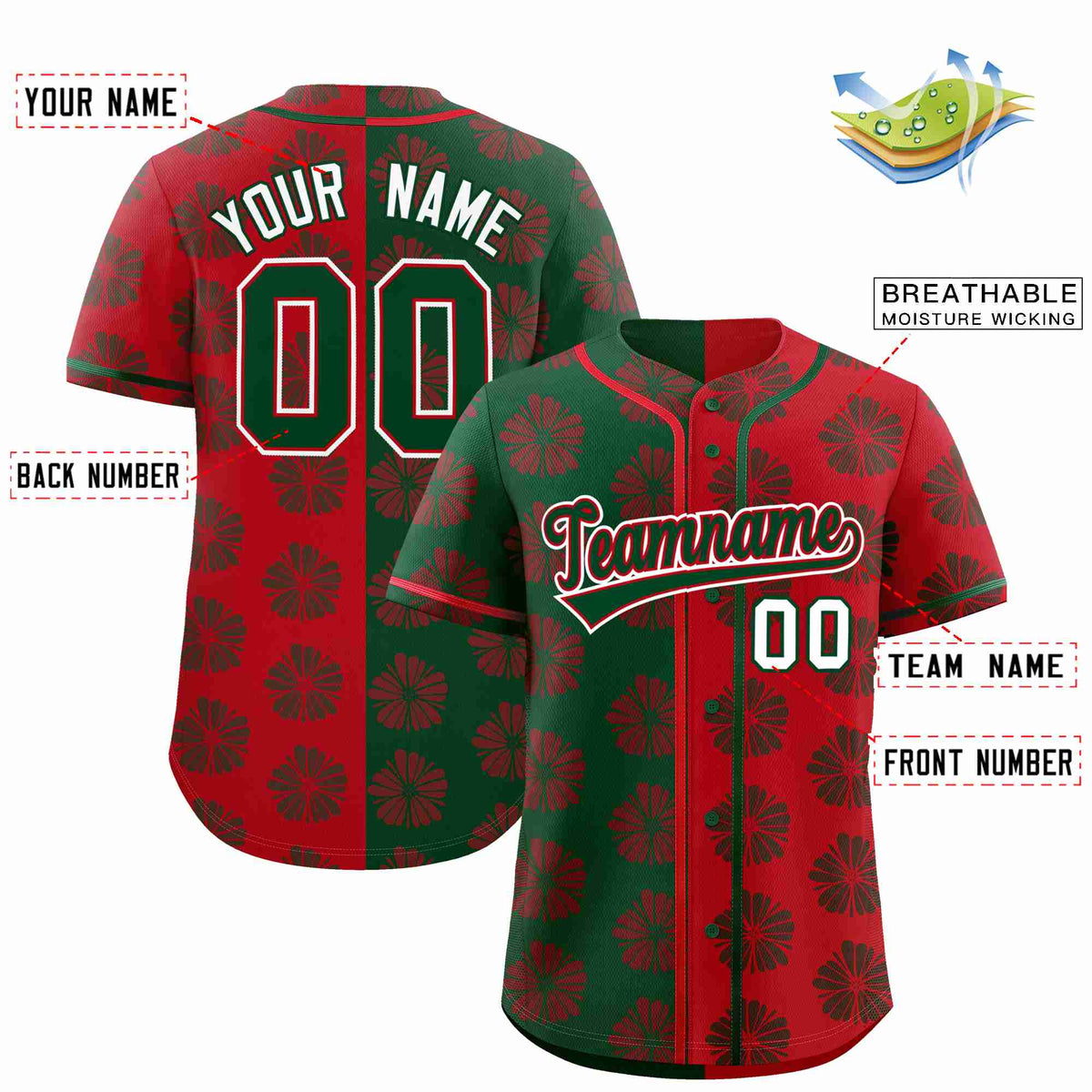 Custom Green Red Split Fashion Flower Graffiti Pattern Authentic Baseball Jersey Limited