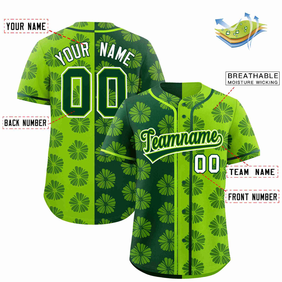 Custom Green Neon Green Split Fashion Flower Graffiti Pattern Authentic Baseball Jersey Limited