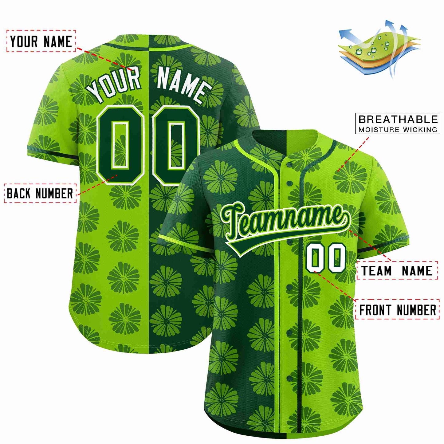 Custom Green Neon Green Split Fashion Flower Graffiti Pattern Authentic Baseball Jersey Limited