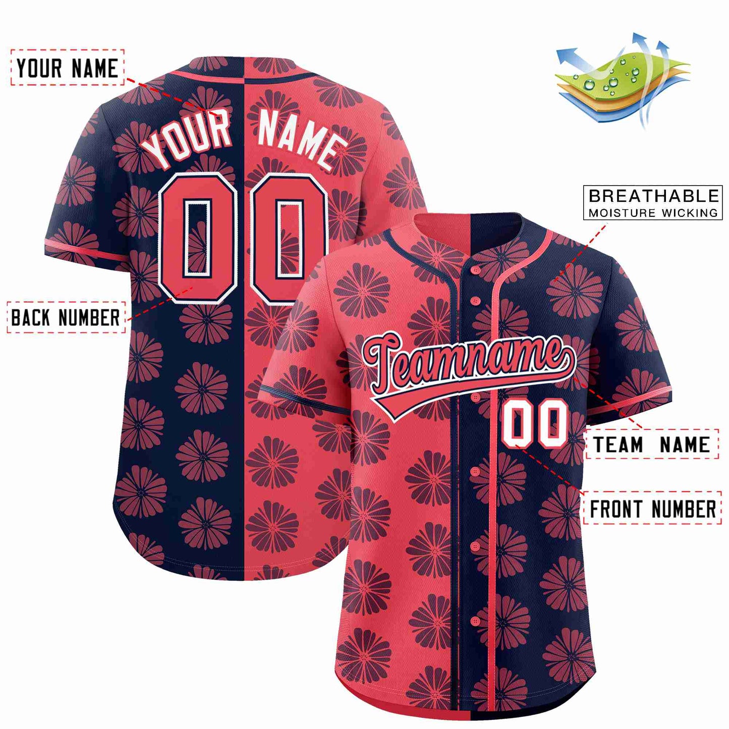 Custom Light Red Navy Split Fashion Flower Graffiti Pattern Authentic Baseball Jersey Limited