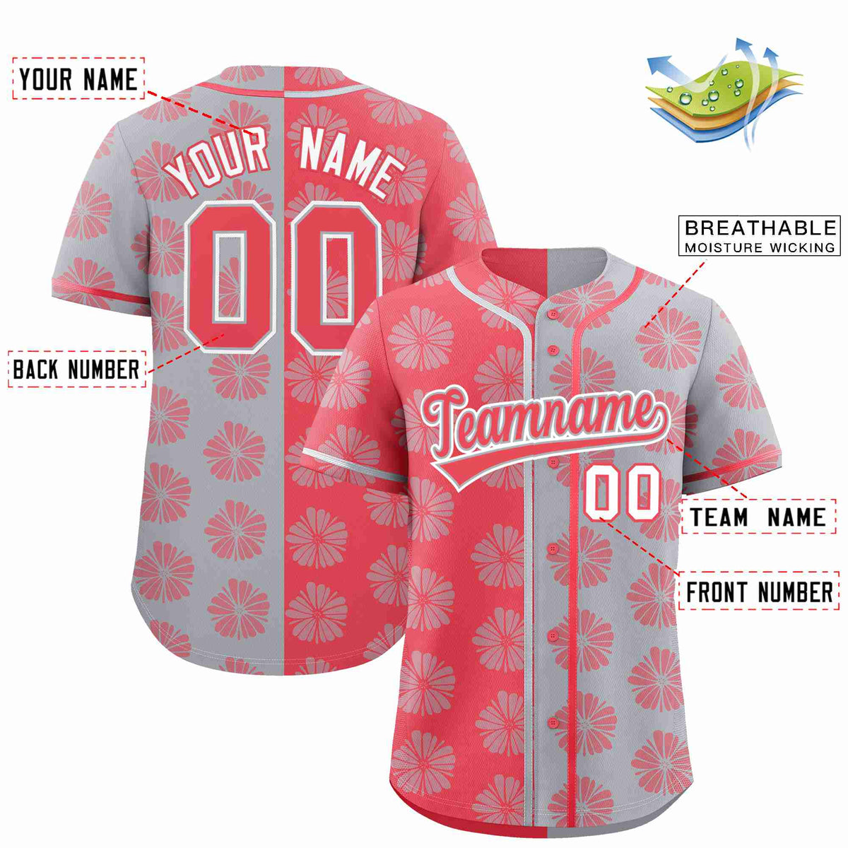 Custom Light Red Light Gray Split Fashion Flower Graffiti Pattern Authentic Baseball Jersey Limited