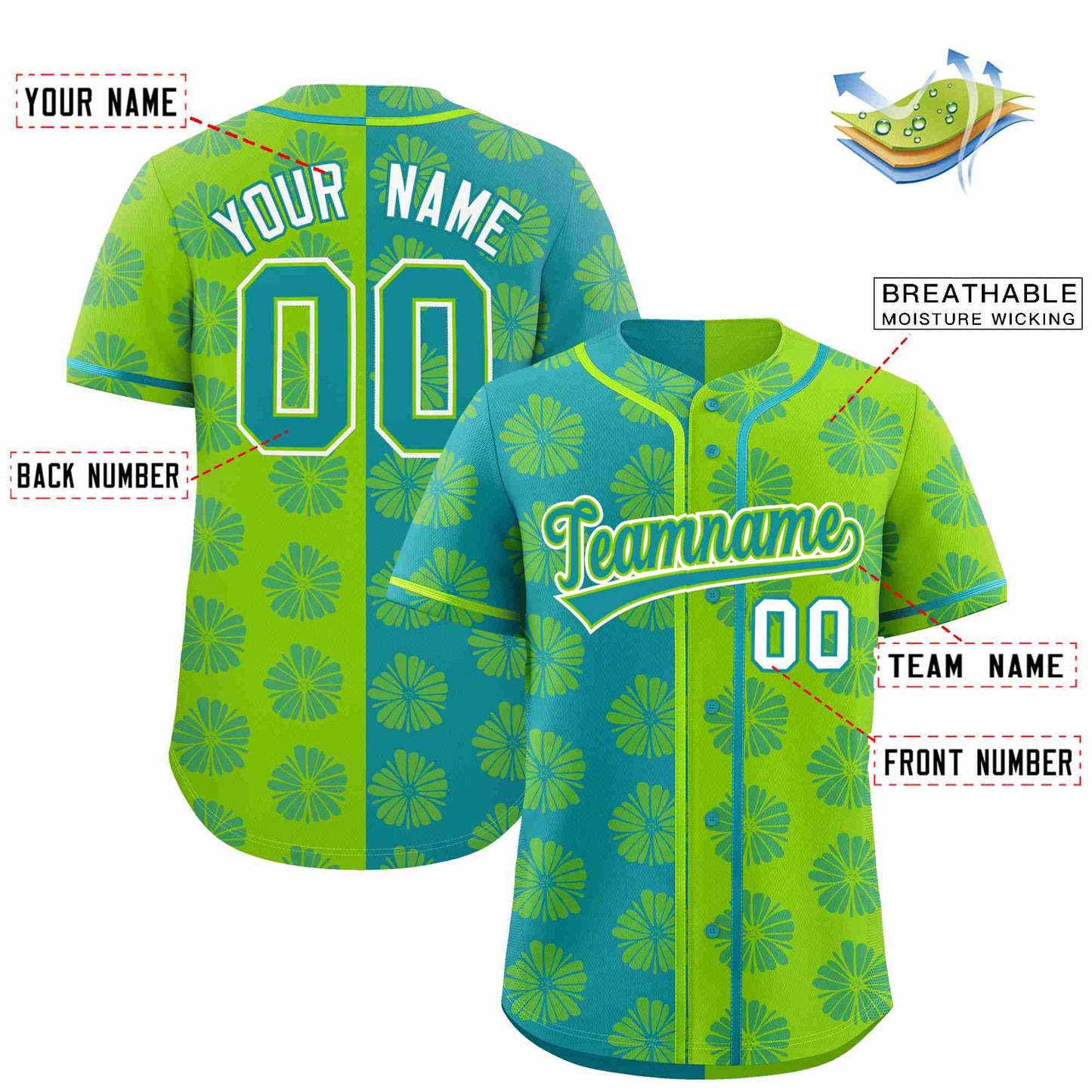 Custom Aqua Neon Green Split Fashion Flower Graffiti Pattern Authentic Baseball Jersey Limited