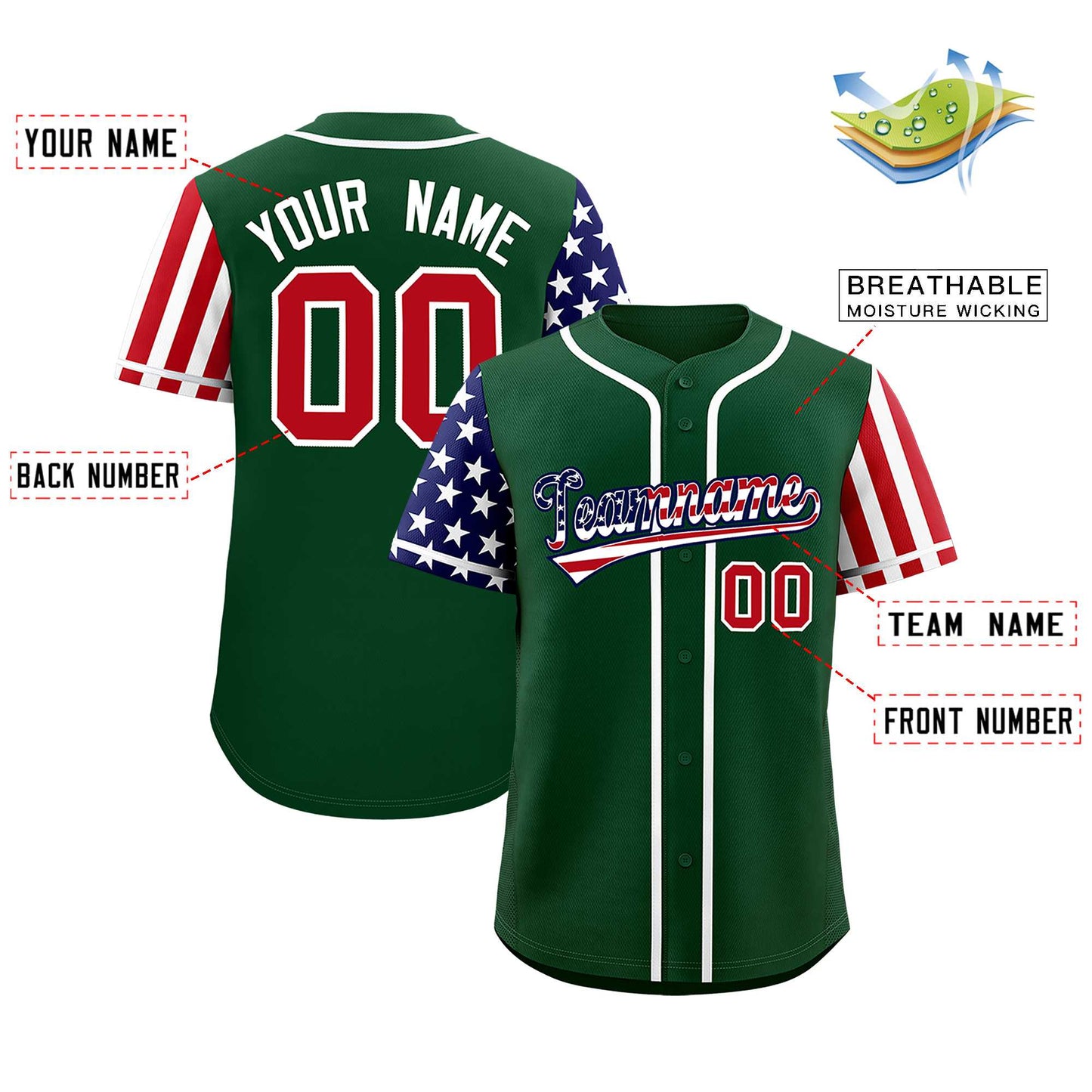 Custom Green American Flag Design Personalized Baseball Jersey Limited