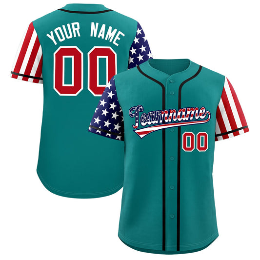 Custom Teal American Flag Design Personalized Baseball Jersey
