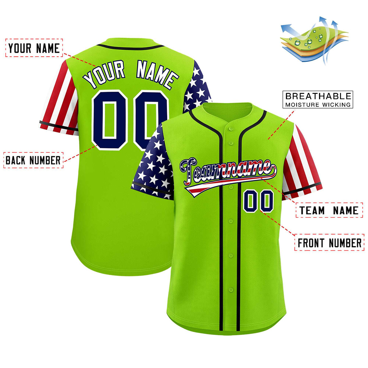 Custom Neon Green American Flag Design Personalized Baseball Jersey Limited