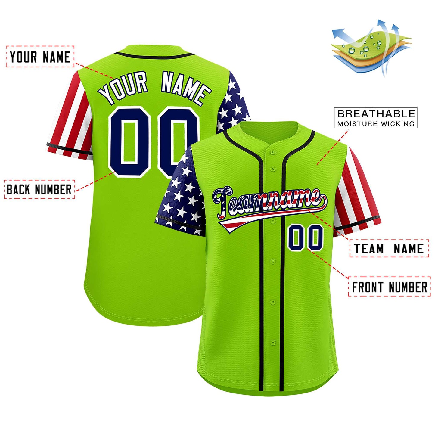 Custom Neon Green American Flag Design Personalized Baseball Jersey Limited