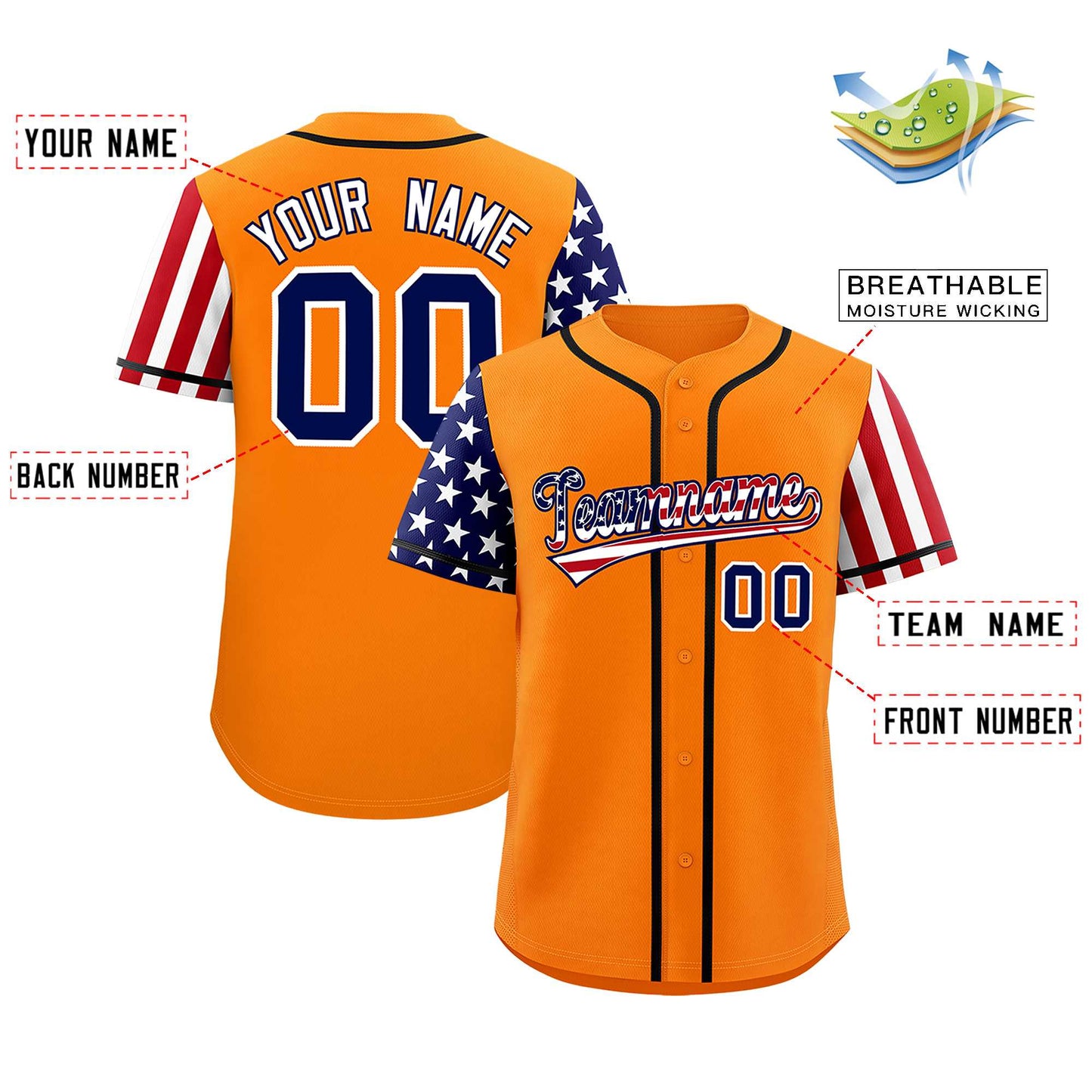 Custom Orange American Flag Design Personalized Baseball Jersey Limited