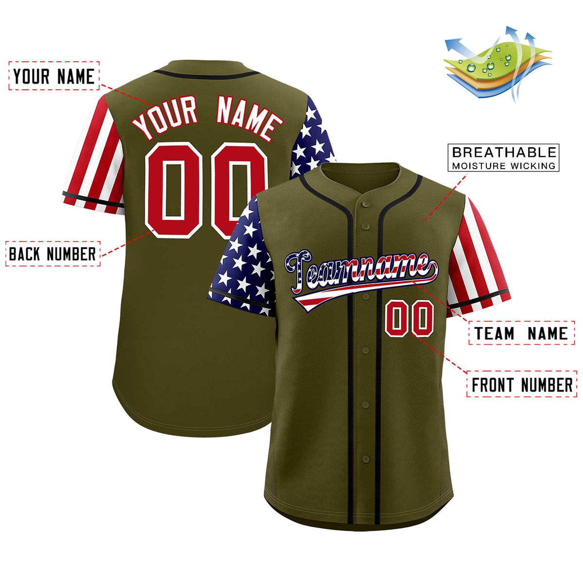 Custom Olive American Flag Design Personalized Baseball Jersey Limited