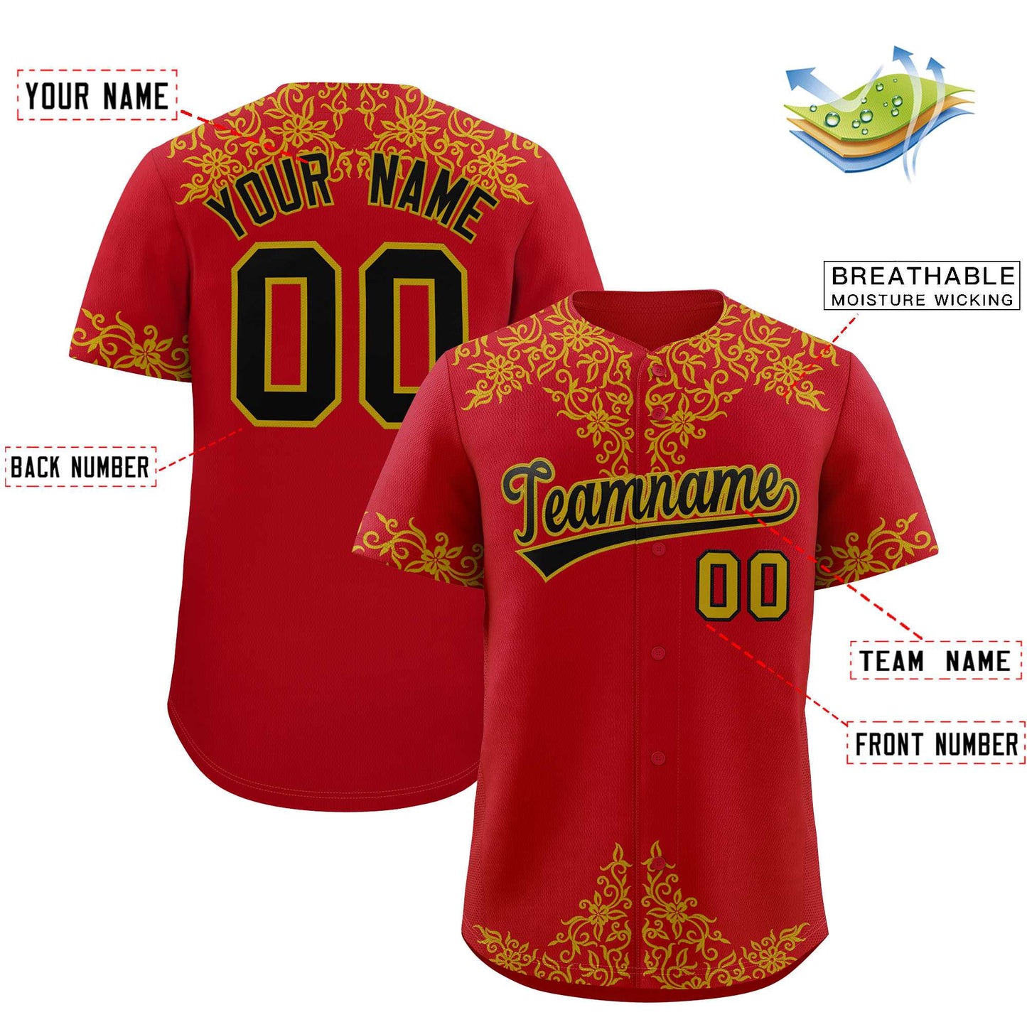 Custom Red Old Gold Baroque Style Personalized Baseball Jersey Limited